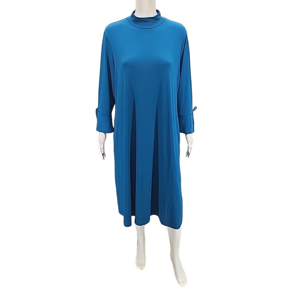 Susan Graver Liquid Knit Mock Neck Midi Dress Tie Sleeve Blue 1X Plus A610550
